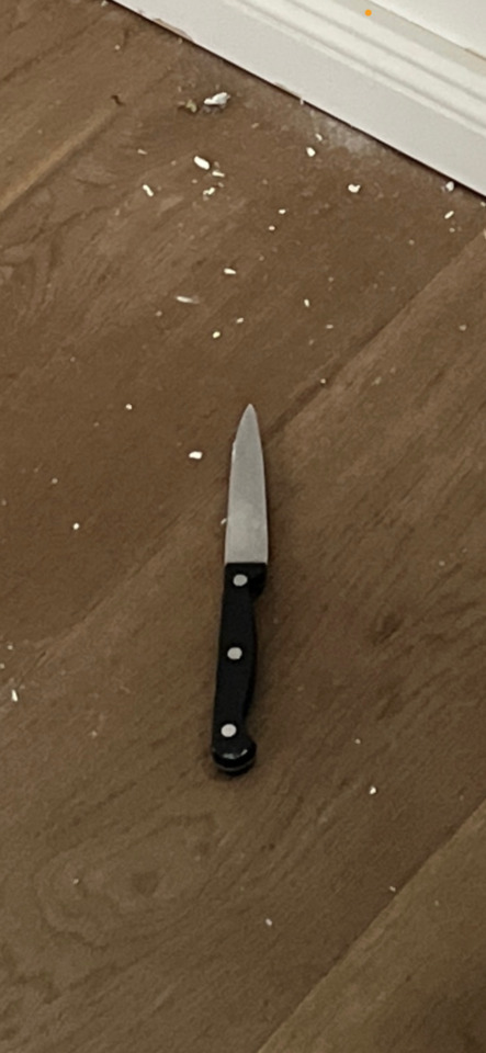 A small kitchen knife with a black handle and silver blade lies on a brown wooden floor with white debris.