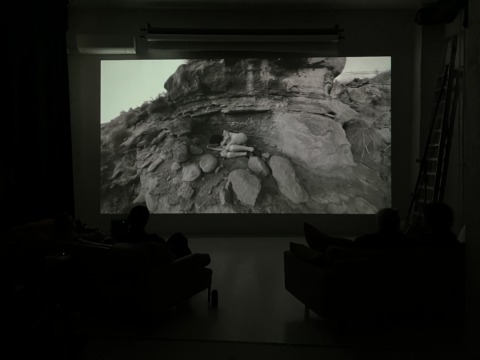 People sit in a dark room watching a black and white projected image of a rocky landscape on a large screen.