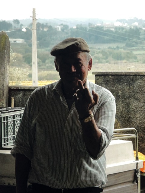 An older man in a flat cap and striped shirt, his face shadowed, makes a hand gesture in a rural, backlit setting.